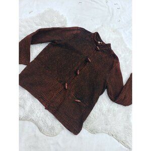 Boho Jacket Brown Black Distressed Wooded Buttons Pockets Unique